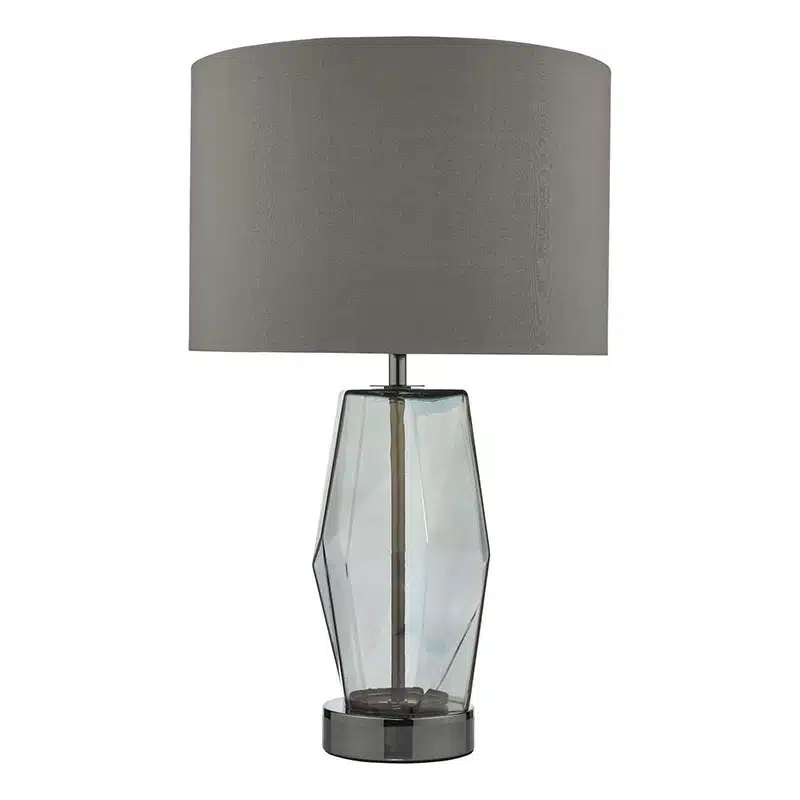 smoked-glass-touch-table-lamp-grey-shade-angle Smoked glass touch table lamp with grey shade, angled view