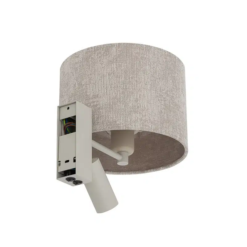 Beige-fabric-wall-light-with-adjustable-reading-spotlight-back-view Beige fabric wall light with adjustable reading spotlight back view