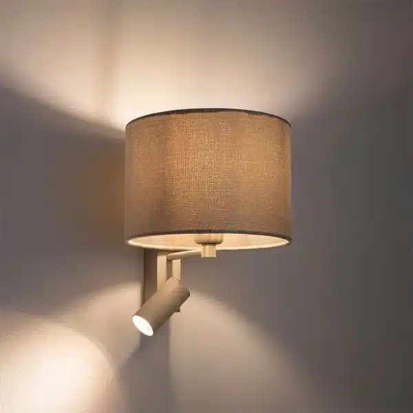 Beige fabric wall light with adjustable reading spotlight for bedroom