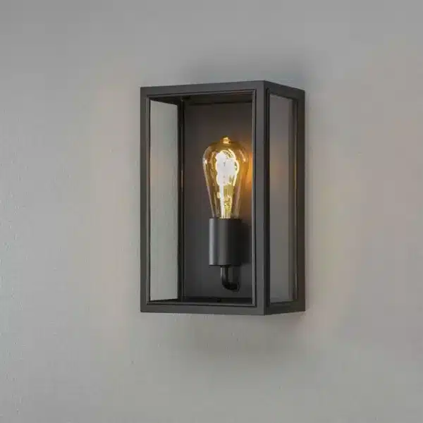 Black boxed wall light with clear glass for outdoor use