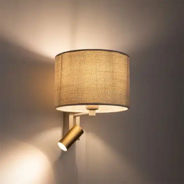 Cream fabric wall light with adjustable reading spotlight for bedroom and living room
