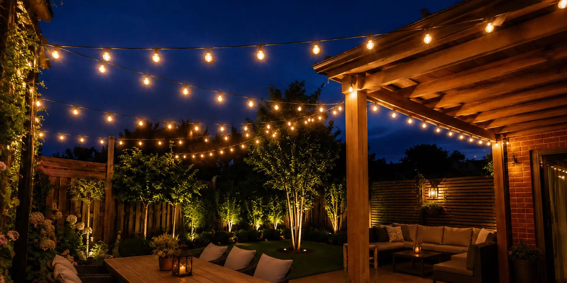 Festoon lights installed above a garden patio with warm outdoor string lights and seating area