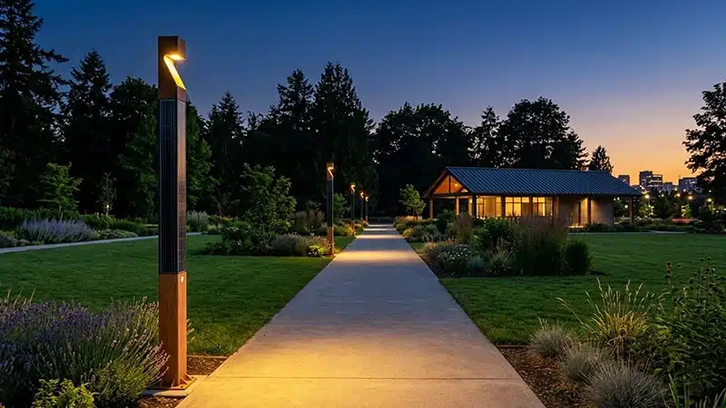 Off-grid solar pedestrian light with modern square pole design for outdoor pathways