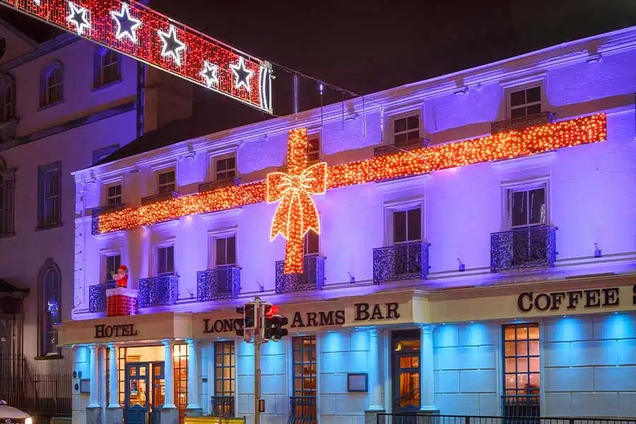 Illuminated commercial Christmas bow & ribbon Longford Hotel in Limerick