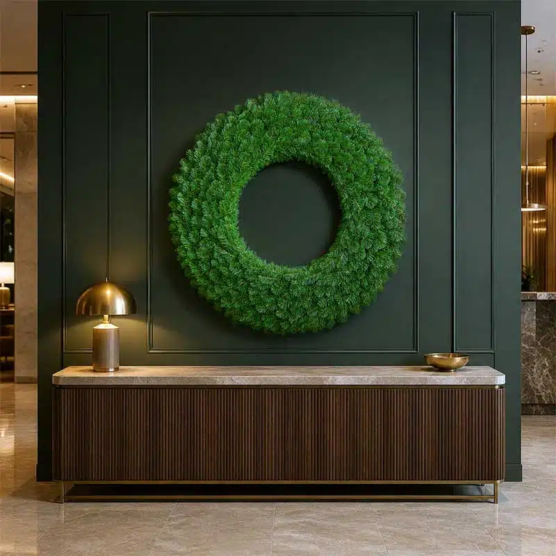 120cm-Alaskan-Pine-Large-Non-Lit-Christmas-Wreath-on-Wall 120cm non-lit Alaskan pine large Christmas wreath displayed on a hotel lobby feature wall