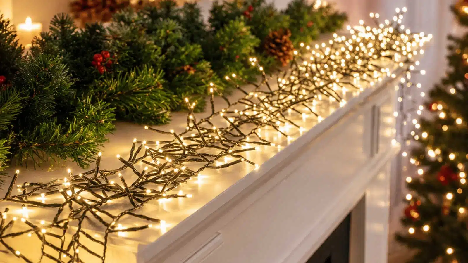 800 LED cluster Christmas lights warm white indoor display