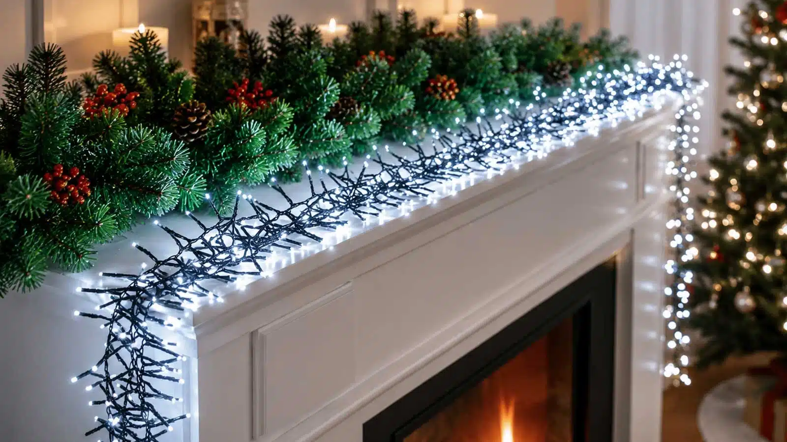 800 LED cluster Christmas lights ice white fireplace view