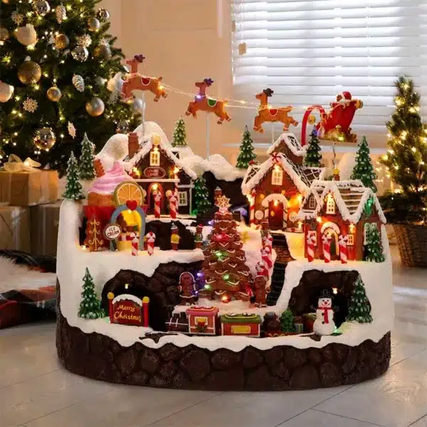 Illuminated candy house Christmas village with animated train, Santa’s sleigh and multicolour LEDs