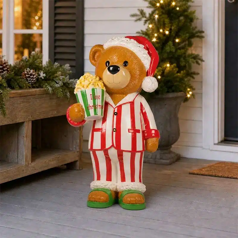 LED-3D-Christmas-Bear-with-Popcorn-Decoration Standing Christmas bear holding a colourful popcorn tub with warm white LED lights