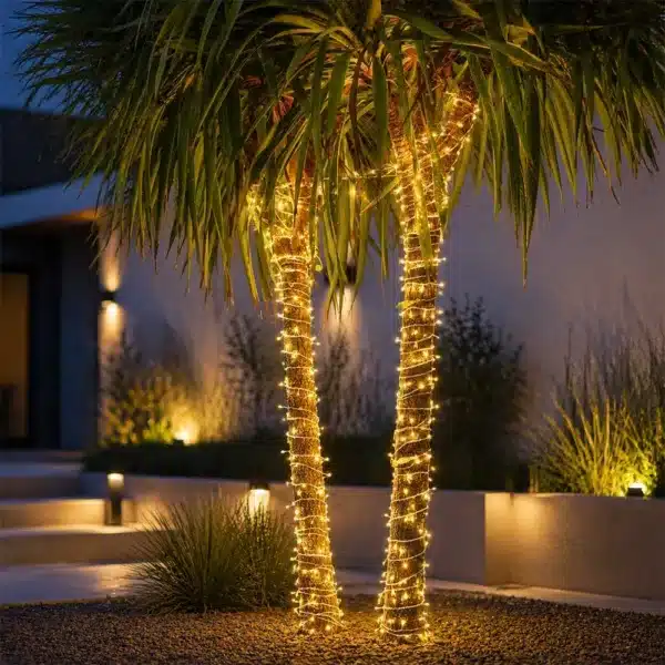 Connectable warm white low voltage outdoor Christmas string lights on white cable wrapped on trees