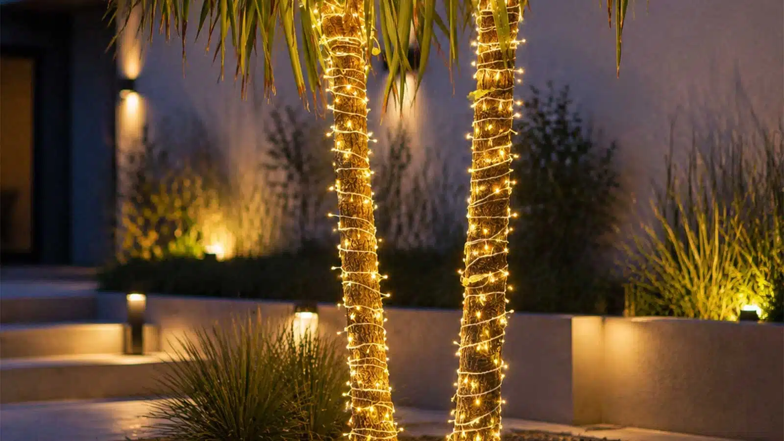 Connectable warm white low voltage outdoor Christmas string lights on white cable display