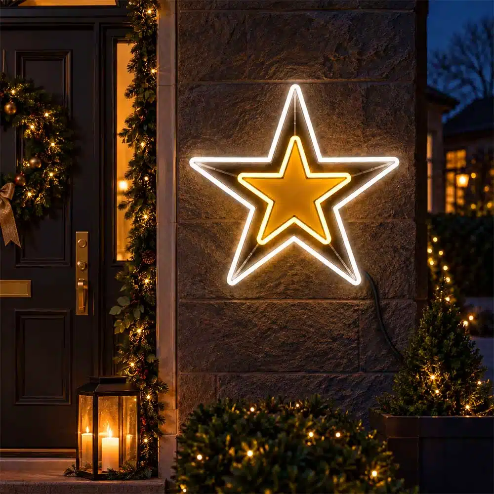 Gold-Double-Star-2D-Christmas-Decoration-Entrance-Display Gold double star 2D Christmas decoration at entrance