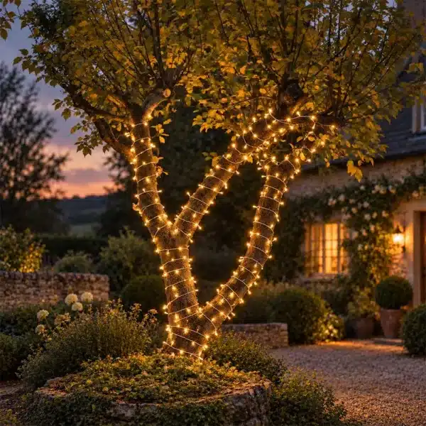 Warm white with warm white flash connectable Christmas lights on white cable tree display